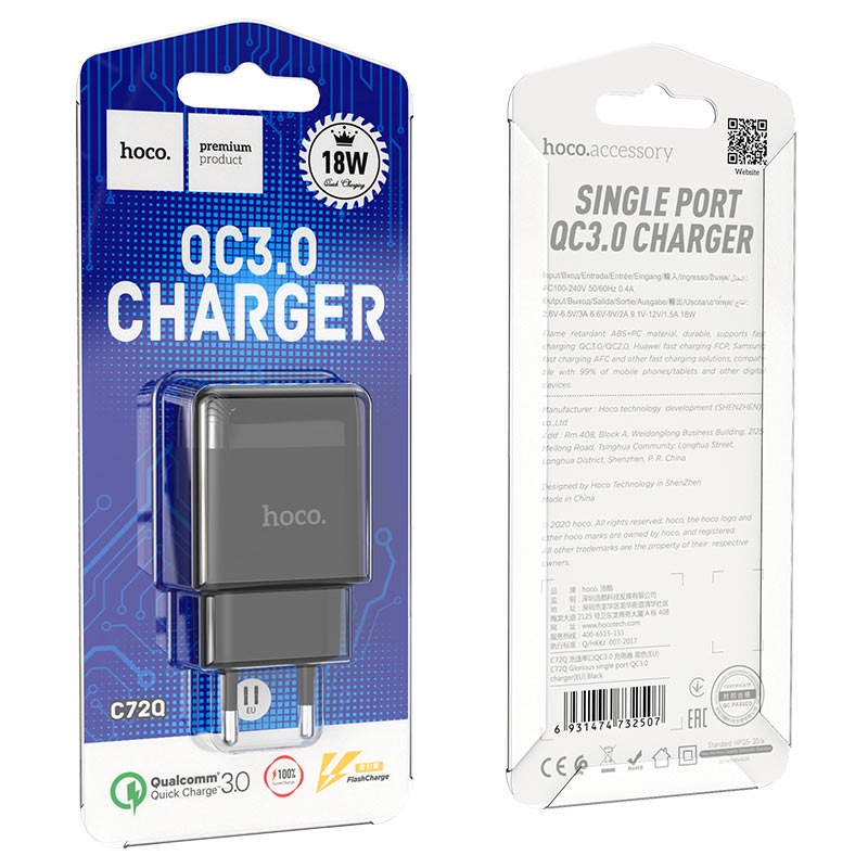 Củ sạc nhanh Hoco C72Q 1 cổng USB sạc nhanh 3A, PD 18W, hỗ trợ sạc cho với nhiều thiết bị điện thoại, table...