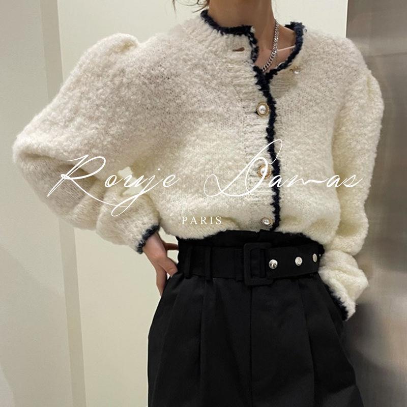 Áo Sweater Dệt Kim Tay Phồng Dáng Rộng Cài Nút Ngọc Trai Màu Sắc Tương Phản Xinh Xắn Cho Nữ