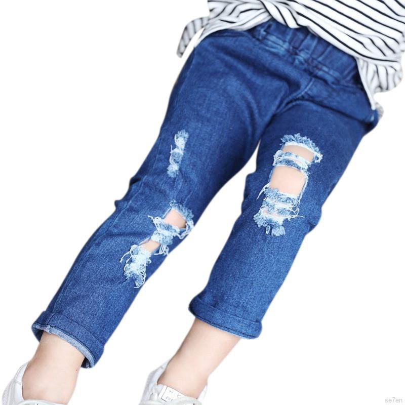 Quần Jeans Dài Rách Gối Thời Trang Cho Bé Gái 7 Tuổi