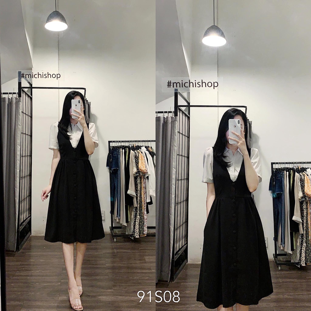 Set áo sơ mi ngắn tay + váy yếm đen- 91S08
