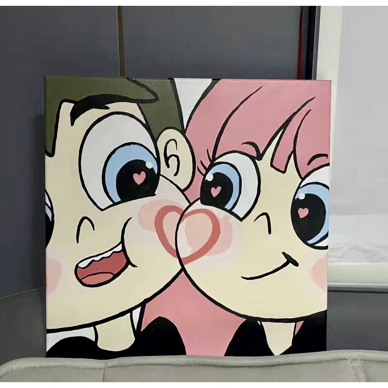 Tranh tô màu theo số có khung hoạt hình, phong cảnh | Tranh số hoá 20x20 cặp đôi dễ thương treo tường, để bàn