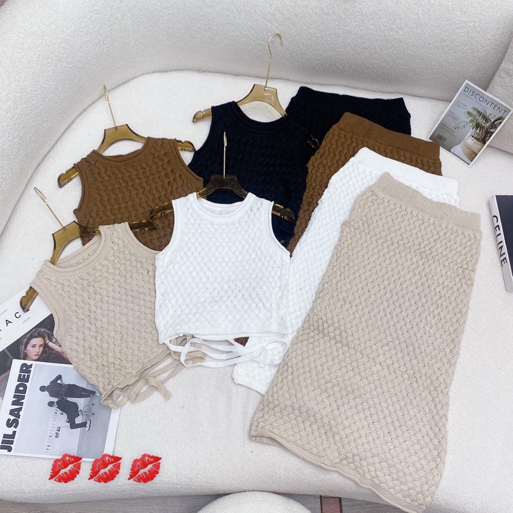 Set váy len midi sát nách thắt dây eo QC nhẹ nhàng