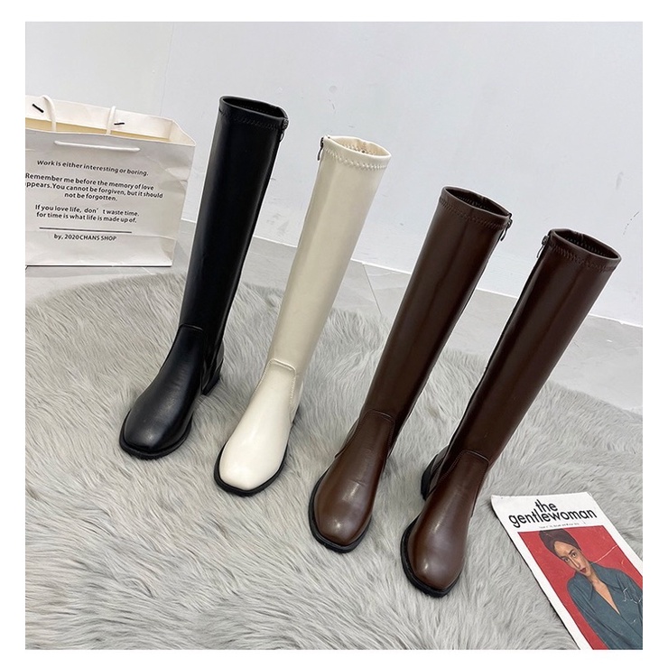 Boots lửng cổ cao dưới gối da mềm khoá sườn đế cao 4cm