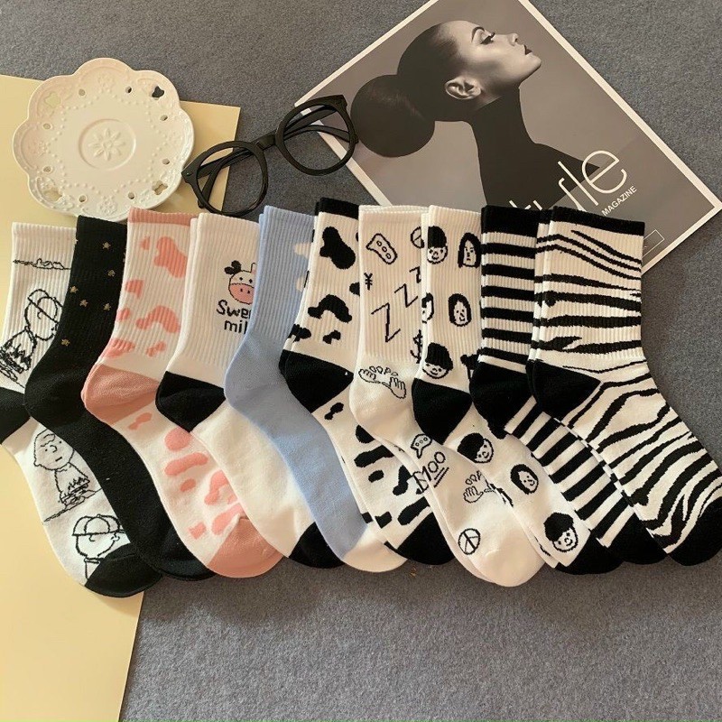 Tất cổ cao hoạ tiết bò sữa/sọc/mây - Vớ cotton cao cổ