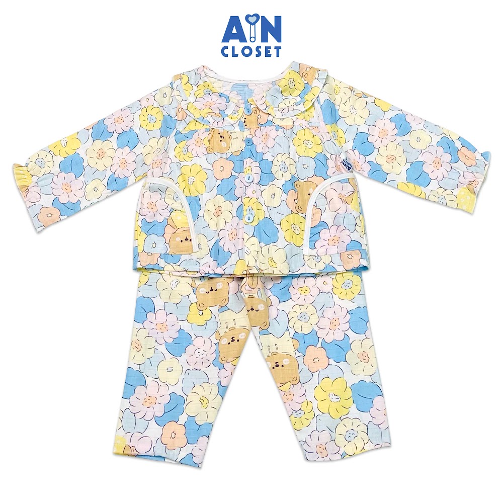 Bộ quần áo dài bé gái họa tiết Gấu và Hoa xô sợi tre - AICDBGILGCWE - AIN Closet
