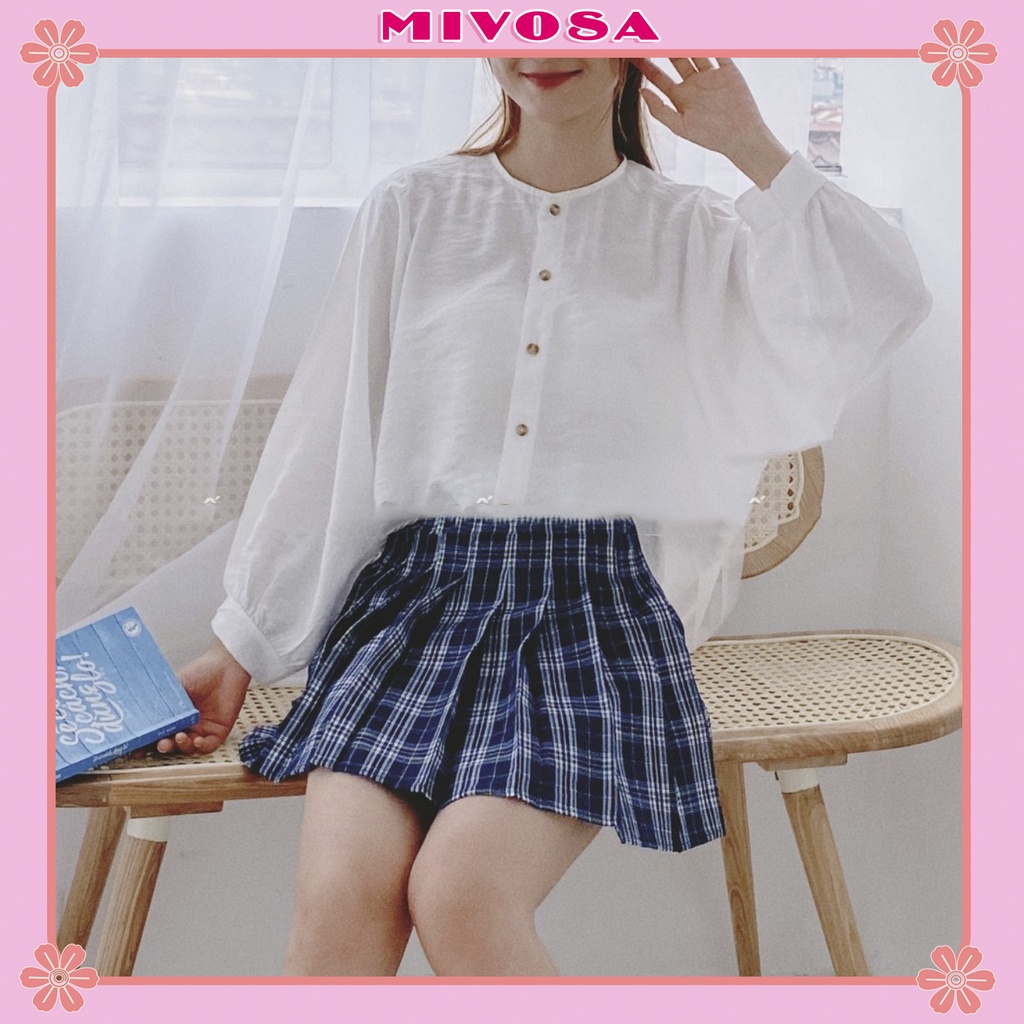 Áo sơ mi đũi hàn cúc dọc tay bồng sơ mi babydoll cổ tròn trắng học sinh MIVOSA SM014