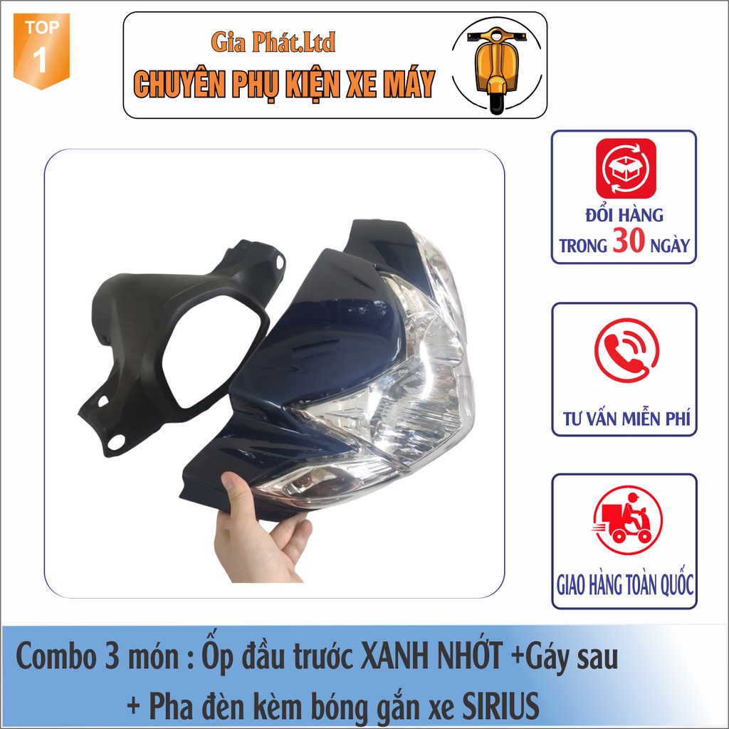 Bộ ốp đầu màu XANH NHỚT gắn xe SIRIUS đầy đủ Ốp đầu trước, Gáy sau và Pha đèn kèm bóng