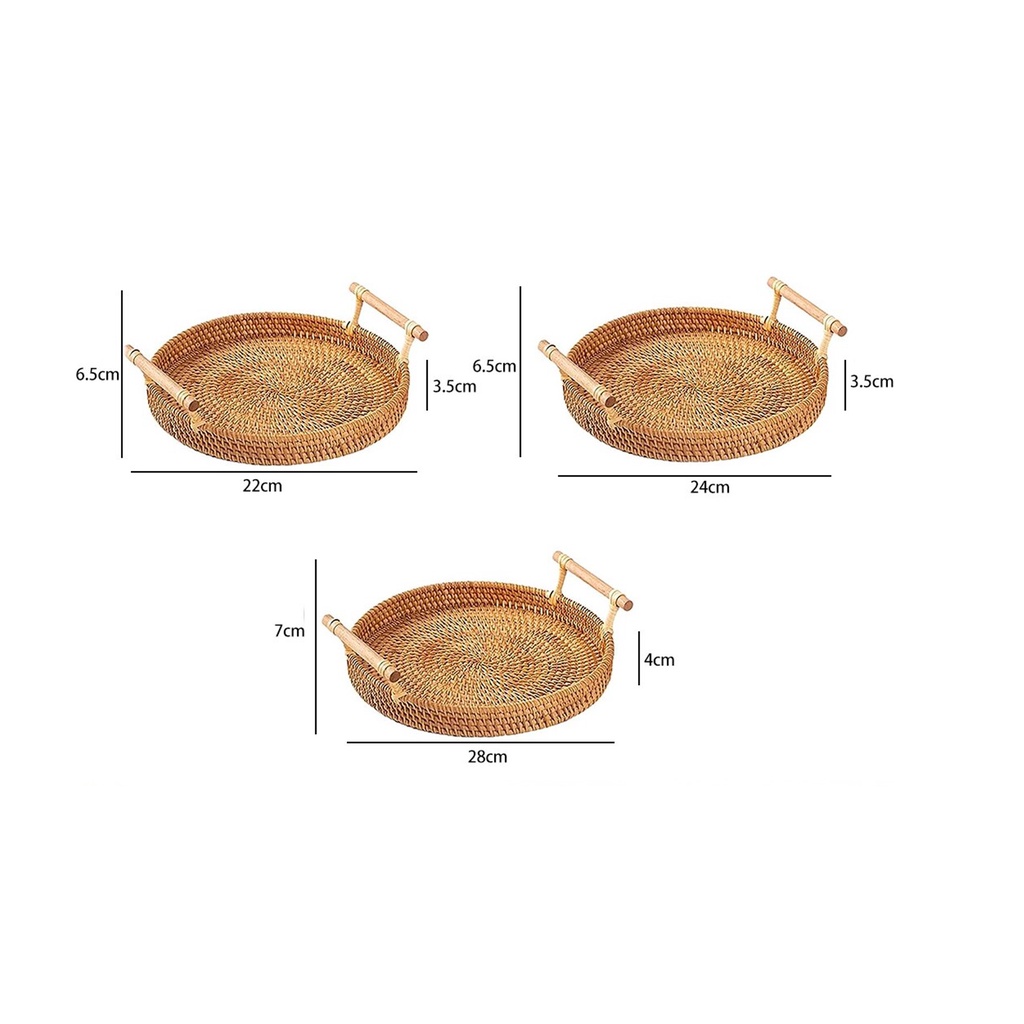 Khay mây quai đựng đồ uống trà , hình tròn có tay cầm, trưng bày món ăn, chụp hình, phụ kiện bàn ăn, decor