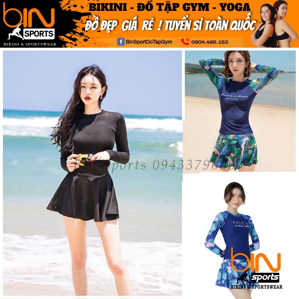 Bikini Nữ 2 Mảnh Quần Đùi Váy Aó Dài Tay Phủ Bụng Kín Đáo Bin Sports BHV124