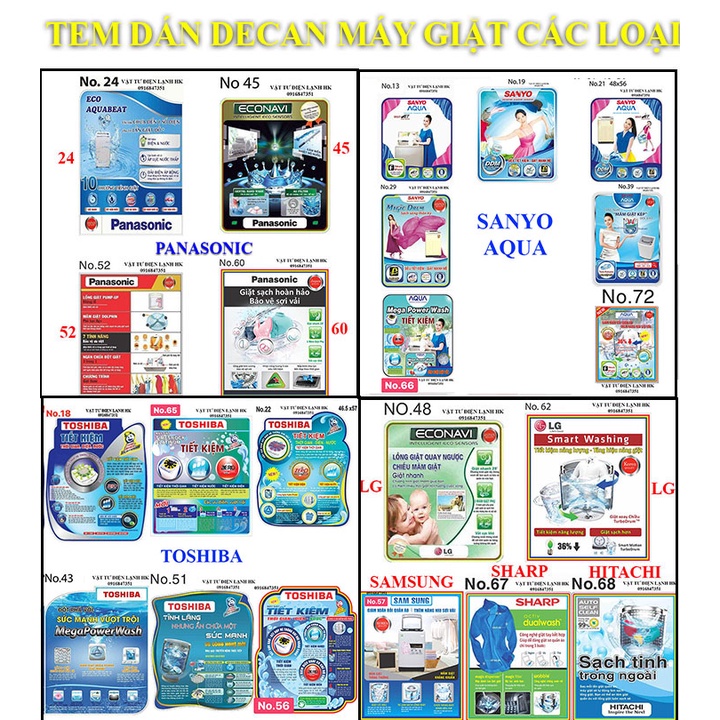 TEM DECAN DÁN MÁY GIẶT dùng băng dính 2 mặt - Các hãng Panasonic Sanyo Aqua Toshiba Samsung Sharp Hitachi LG