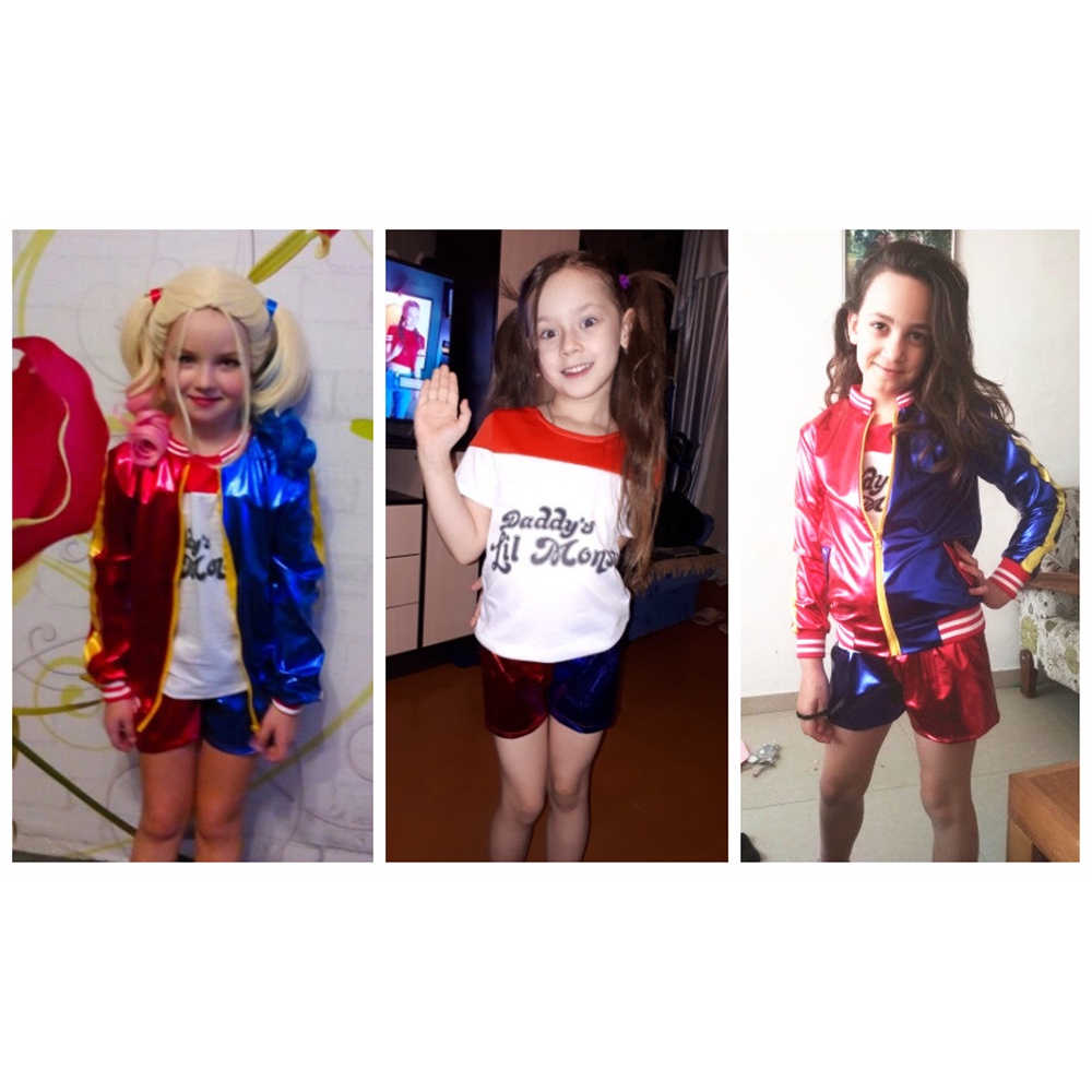Harley Quinn trang phục cosplay Halloween trẻ em cô gái Suicide Squad áo thun quần short tóc giả lễ hội trang phục
