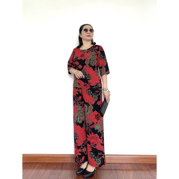 Đồ bộ trung niên nữ Chất lụa Hàn châu cao cấp, Bộ đồ cho mẹ tay lỡ cổ tròn, form xuông dành cho quý bà