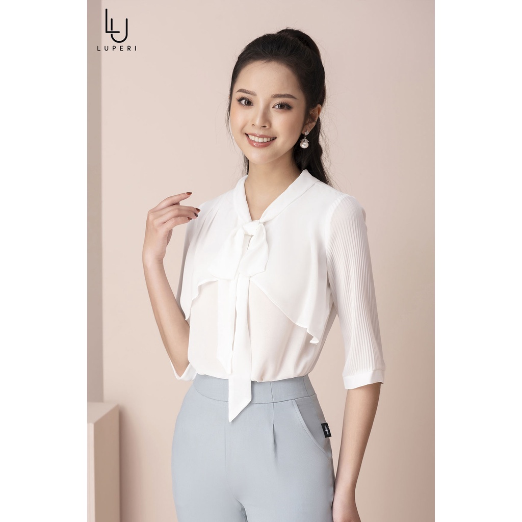 Áo Sơ Mi Tay Lỡ LUPERI Cổ Cách Điệu Nữ Tính, Chất Voan Hàn Mỏng Nhẹ, Thoáng Mát LFSM1210