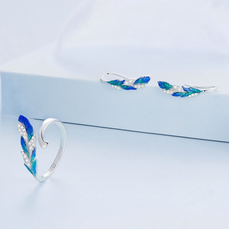 BAMOER Bộ Trang Sức bạc 925 Hình Lông Vũ Đính Đá Sang Trọng