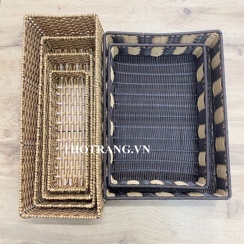Khay nhựa giả mây hình chữ nhật đựng hoa quả, bánh kẹo đồ dùng đa năng