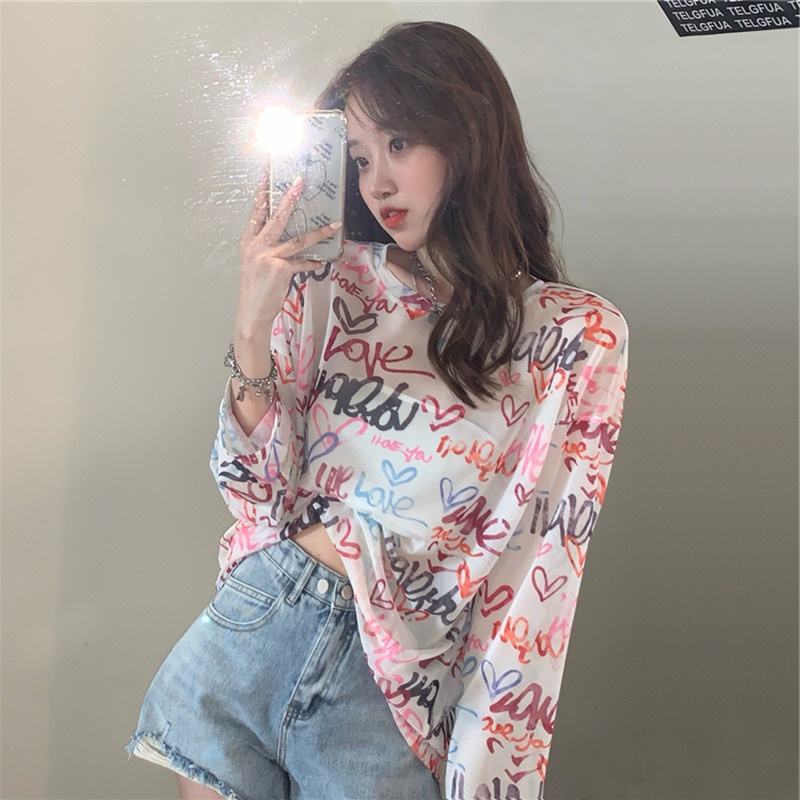 Áo Kiểu Tay Dài Dáng Rộng Vải Lụa Lạnh Phối Lưới Phong Cách Hàn Quốc Thời Trang Cho Nữ