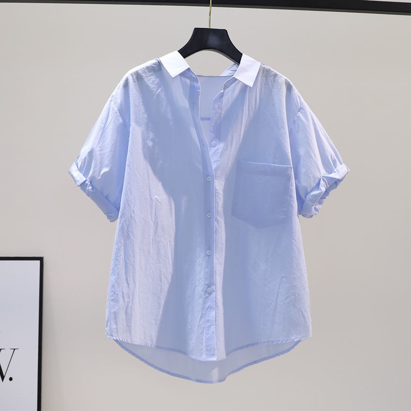 váy bodyđầm xoè☼Tay áo cong một túi sơ mi cotton xanh lá cây nữ ngắn rời Mùa hè năm 2021 Thường xuyên kết hợp t