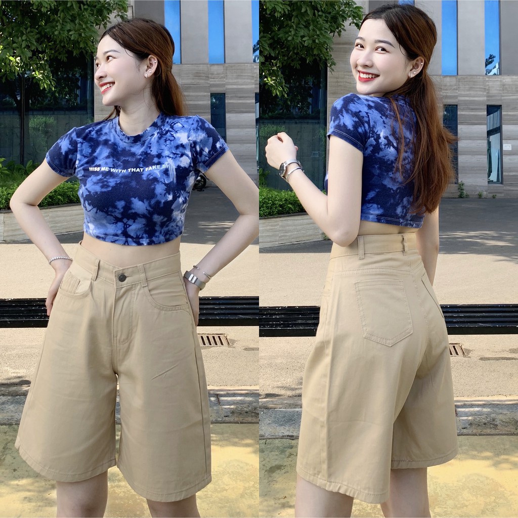 Quần Short Kaki Lửng Ulzzang Quần đùi denim ngố Ống rộng cạp cao Dáng Hàn Quốc (có bigsize) (KKN)