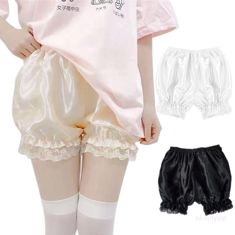 Quần Short Vải Lụa Satin Viền Ren Màu Sắc Trơn Phong Cách Gothic An Toàn Cho Nữ