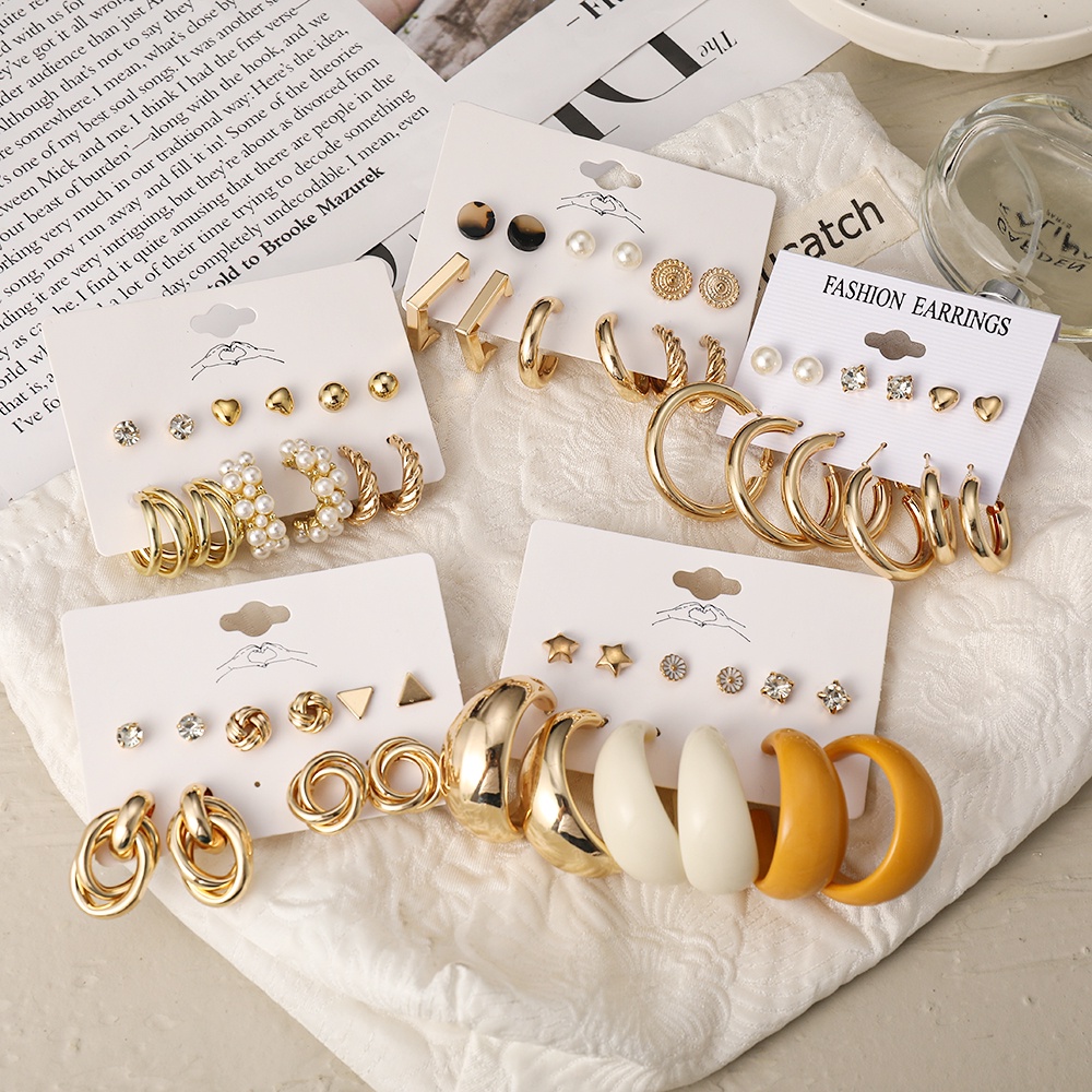 Set 12 bông tai nhiều hình dạng đính ngọc trai sang trọng