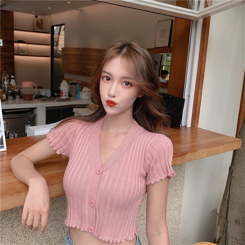Áo Dệt Kim Len Tăm Cộc Tay Phong Cách Jennie Cỗ Chữ V Viền Nhúng Điệu Đà Quyến Rũ - MSP T17