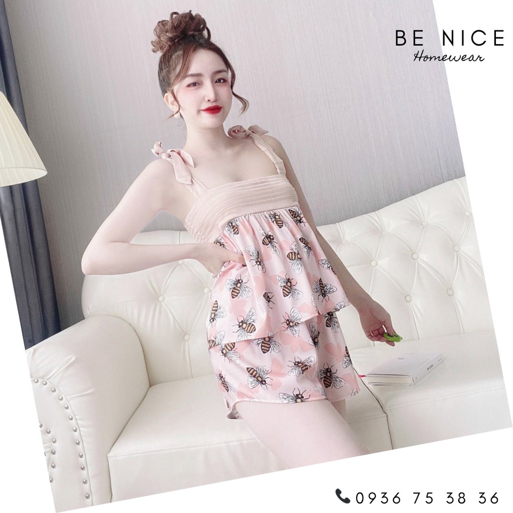 Bộ lụa mặc nhà cột nơ vai nhiều họa tiết xinh xắn cho nàng nhà Be Nice Homewear