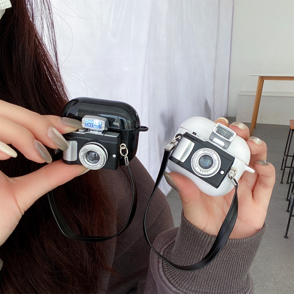 Vỏ bảo vệ hộp sạc tai nghe không dây Bluetooth bằng Silicon hình camera độc đáo thích hợp cho Airpods 3 2021 1/2 Pro