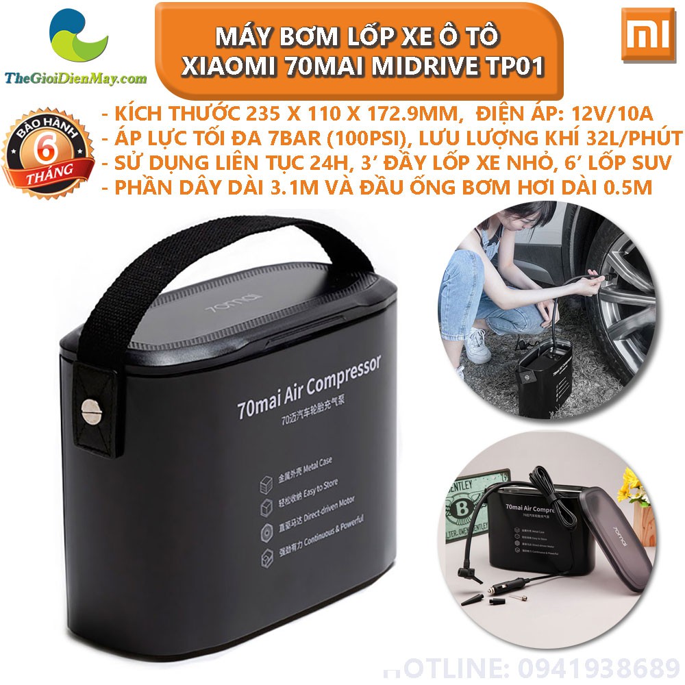 Máy bơm lốp xe ô tô mini tự động Xiaomi 70mai Air Compressor Midrive TP01 - Bảo hành 6 tháng - Shop Thế Giới Điện Máy