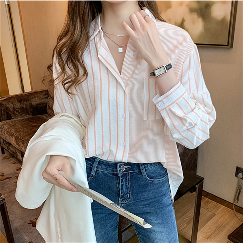 Áo Sơ Mi Cổ Polo Tay Dài Dáng Rộng Họa Tiết Kẻ Sọc Phong Cách Hàn Quốc Thời Trang Cho Nữ