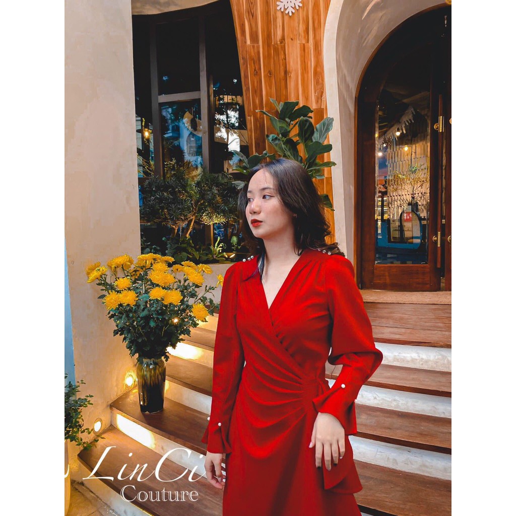 Váy vivi dress đỏ đô nhún eo, váy nhẹ nhàng thanh lịch mặc thu đông đi làm, đi chơi