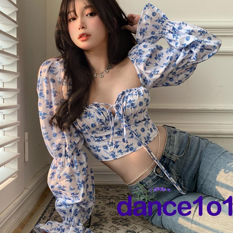 Áo Croptop dài tay họa tiết xinh xắn trẻ trung cho nữ