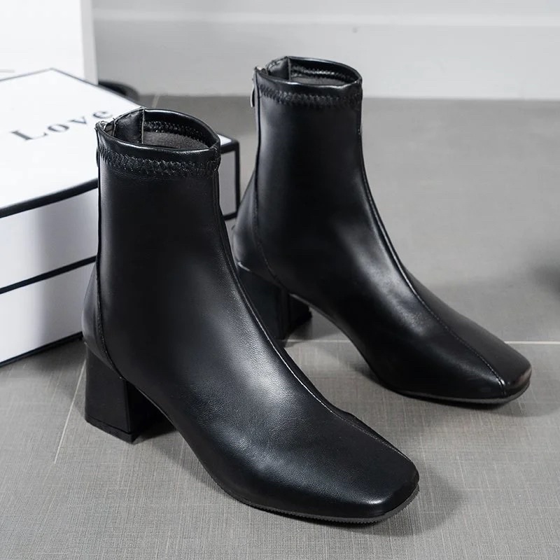 Boot nữ cổ cao da mềm khóa sau cao cấp, bốt nữ cao gót da lì lót nỉ đế 6 phân | BigBuy360 - bigbuy360.vn