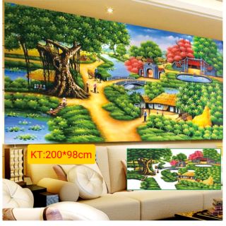 Tranh đính đá làng quê yên bình tuyệt đẹp khổ lớn kt 200*98cm