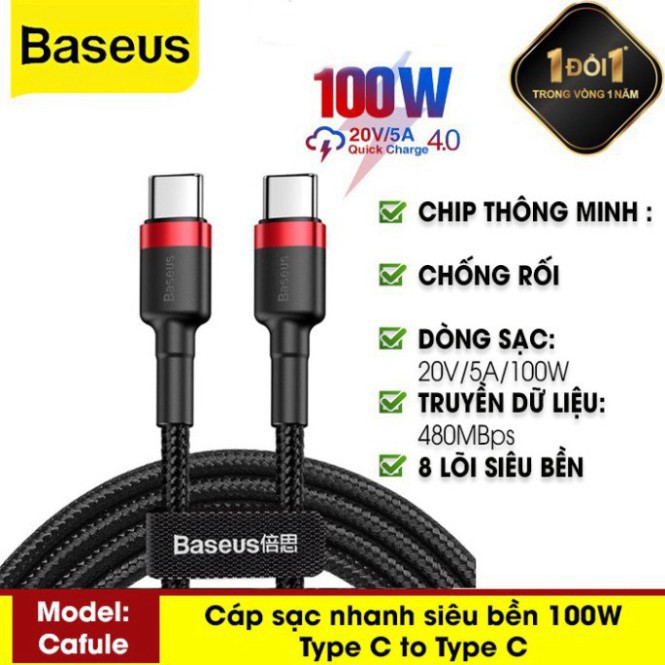 Cáp Sạc Nhanh Cafule 100W Dài 2M, Quick Charge 3.0 Kết Nối Type-C To Type-C Cho Điện Thoại Samsung S9