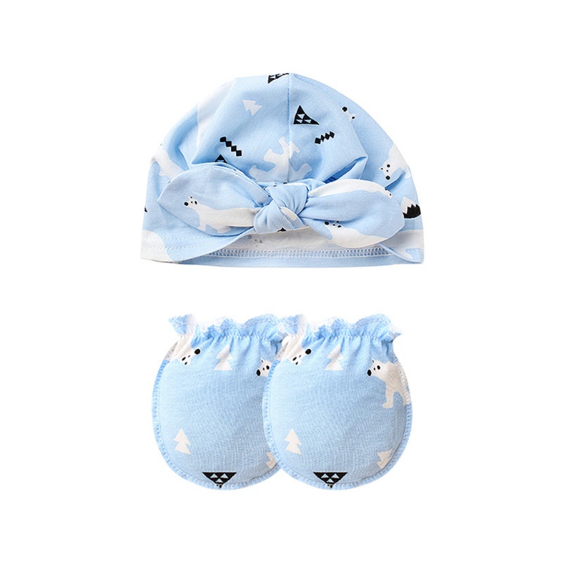 Bộ Găng Tay Và Mũ beanie cotton Thắt Nút Chống Trầy Cho Bé Sơ Sinh