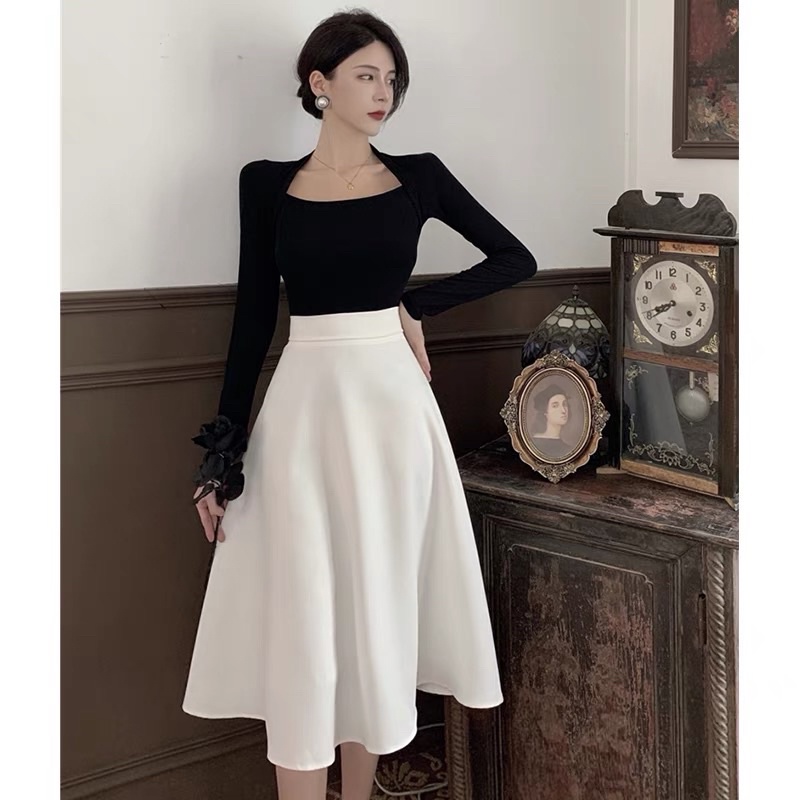 Set áo body cổ vuông kèm chân váy dáng xoè dài