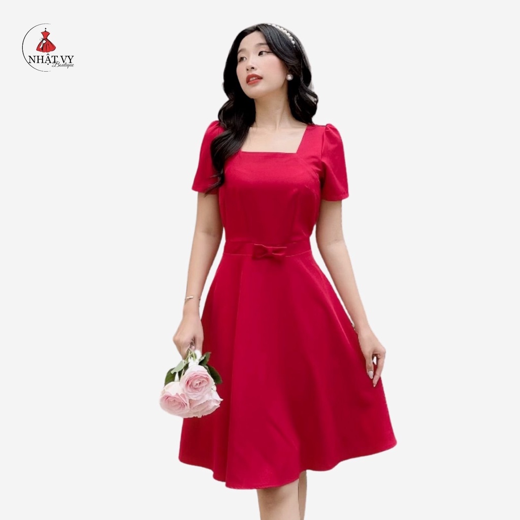 Đầm Nữ NHẬT VY Cổ Vuông Phối Nơ Chiết Eo Tay Ngắn Chất Kaki Thun Công Sở Dáng Xòe Màu Xanh, Đỏ, Đen - D2196