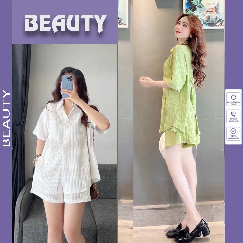 Set bộ nữ áo sơ mi quần đùi thiết kế vải đũi gân 2 màu phong cách Hàn Quốc BEAUTY – TD44