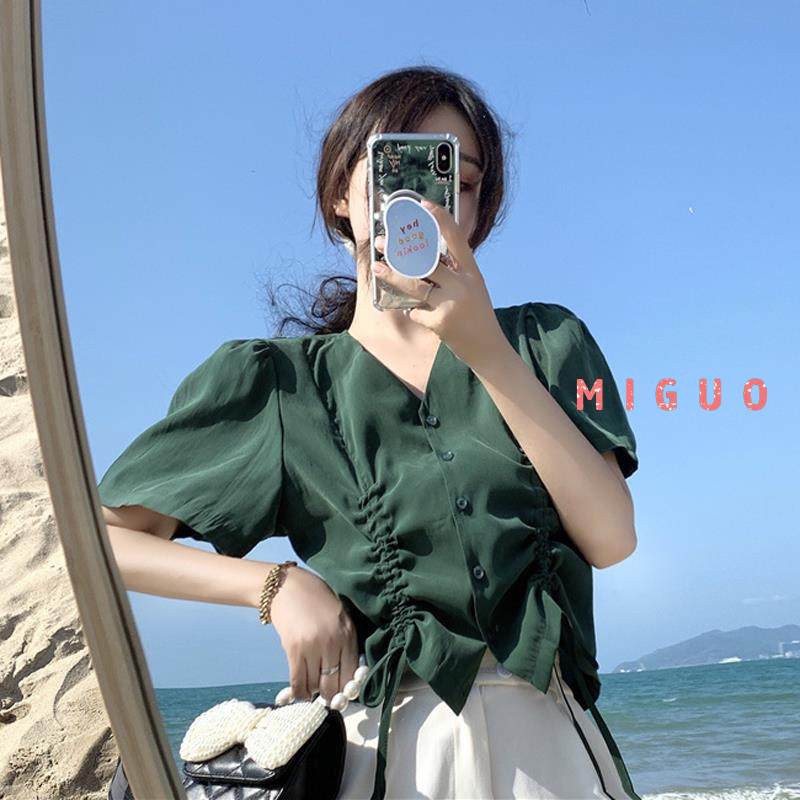 Áo sơ mi tay ngắn cổ chữ V phối dây rút phong cách thời trang cổ điển