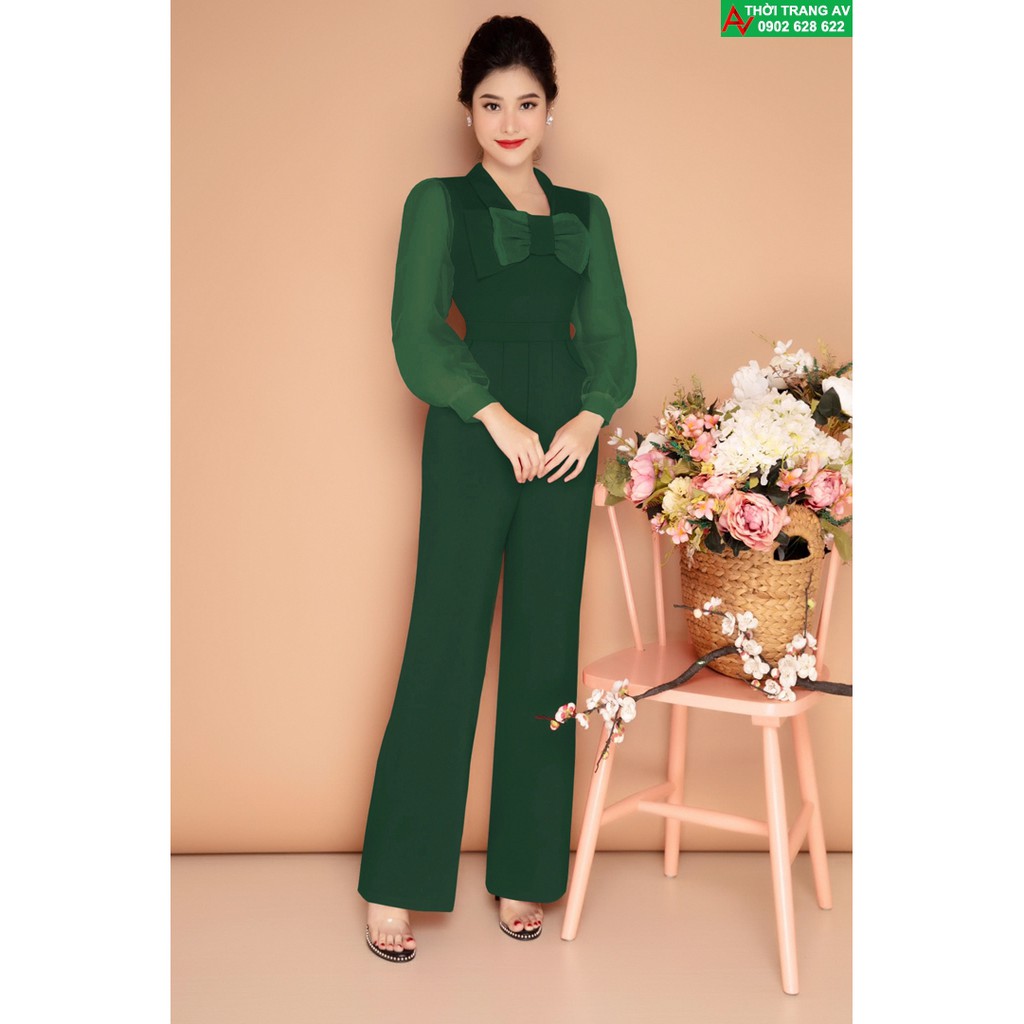 Jumpsuit - Đồ bay dài ống suông cổ đính nơ tay dài xinh xắn - AV6252