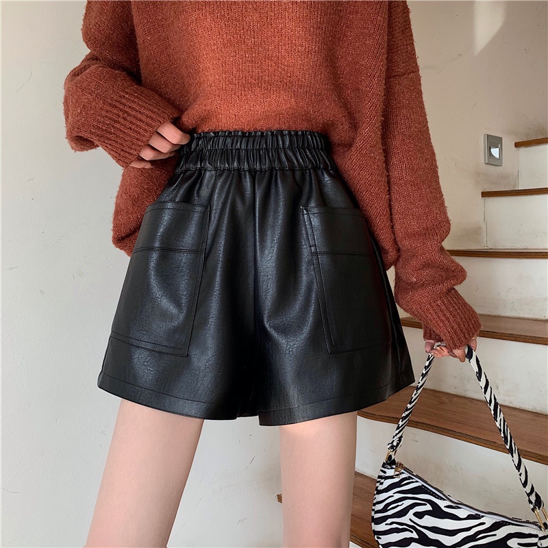 Sale 68% Quần Short Da Lưng Cao Ống Rộng Thời Trang Thu Đông Cho Nữ, black,S Giá gốc 423000đ - 10M20