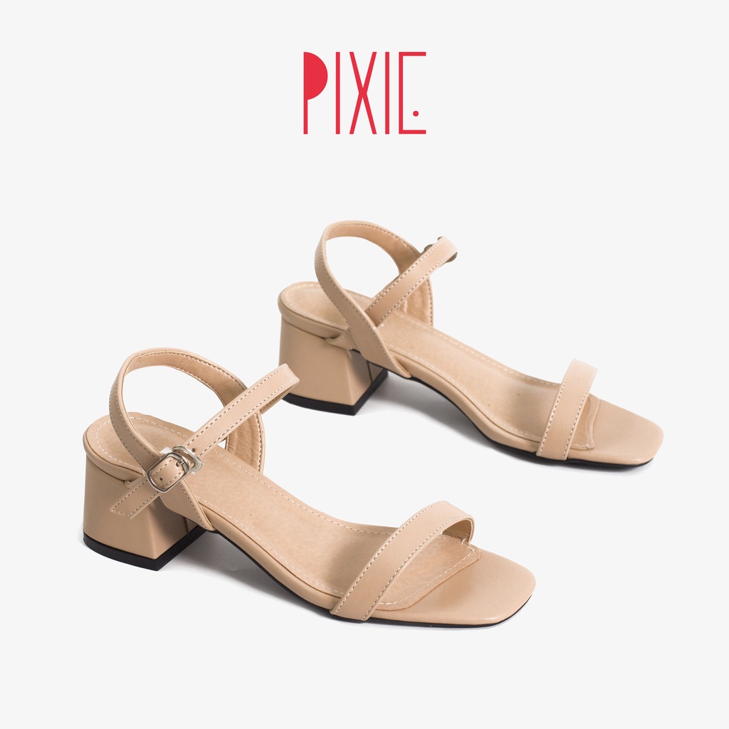 Giày Sandal Cao Gót 5cm Đế Vuông Quai Mảnh Màu Đen Pixie P133