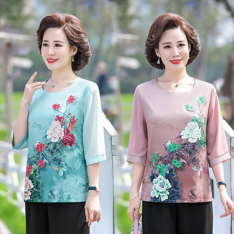 Áo Kiểu Trung Niên Nữ Họa Tiết Hoa Tay Voan