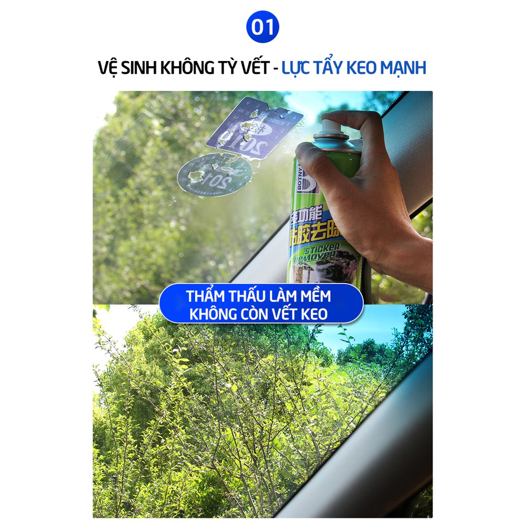 Dung dịch tẩy vết keo dán BOTNY Sticker Remover 450ml, bình xịt loại bỏ decal, vết keo dính lâu ngày kính xe hơi-B-1810