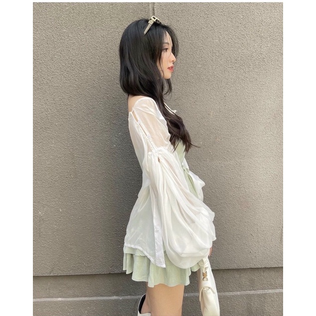 Set đầm cúp xanh mint đen hồng + áo khoác trắng | BigBuy360 - bigbuy360.vn