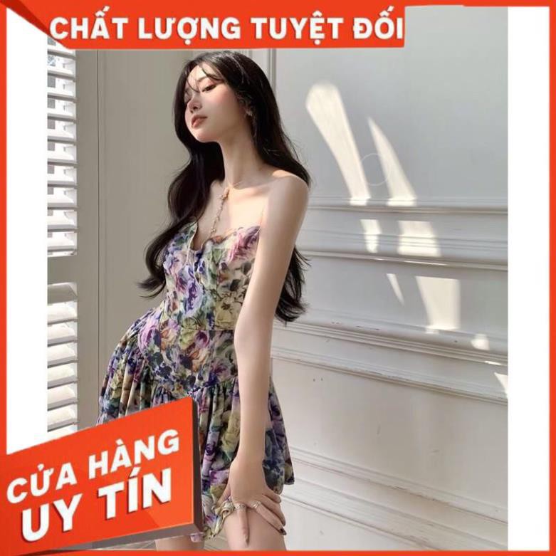 ĐẸP ĐỘC LẠ Đầm váy nữ 2 hai dây hoạ tiết hoa xoè xếp ly cổ v sẻ xâu SIÊU HOT