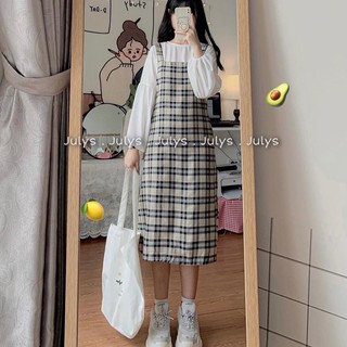 Set Váy 2 Dây Kẻ Babydoll kèm Áo Sơ Mi Nữ Form Rộng Ulzzang Set05