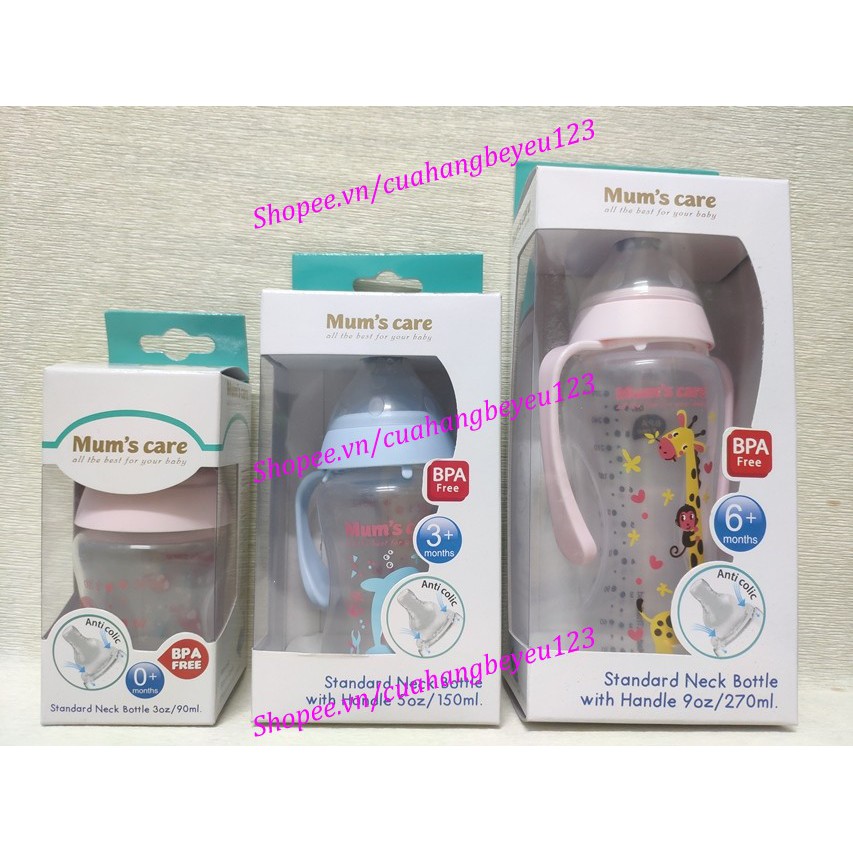 (Mum's Care) Bình sữa PP CỔ HẸP cao cấp thiết kế van chống đầy hơi (90ml - 150ml - 270ml) (Made in Thailand)