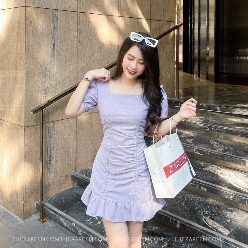 Đầm nhúng đuôi cá hai màu, Đầm đuôi cá kiểu xéo nhúng cổ vuôngđắp tay ngắn phồng GB alohashop91