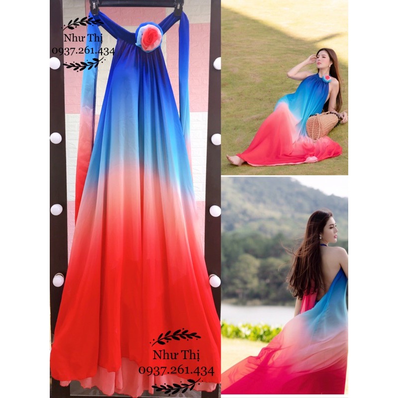 (miễn phí chỉnh váy) đầm maxi yếm màu loang ombre hở lưng đi biển du lịch chụp hình sống ảo đà lạt đồi cát sa mạc | BigBuy360 - bigbuy360.vn